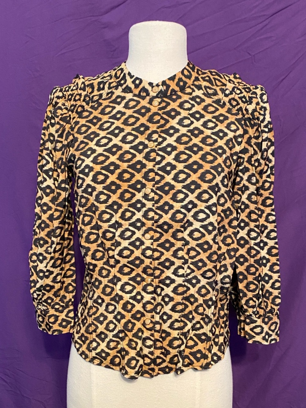 Scotch & Soda Tan and Black Abstract Animal Print Button-Down Blouse. Size S.